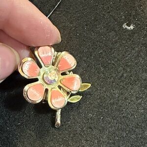 Gold-Tone Pink Enamel Flower Brooch with Aurora Crystal